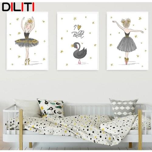 Nursery Ballet Girl Canvas Painting for Baby Girl Room Decor Black Swan Wall Art Print Nordic Kid Bedroom Decoration Pictures