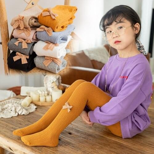 Baby Girl Bow Tights Autumn Vertical Solid Color Toddler Girls Cotton Tights Cute Children Warm Knitted Pantyhose Kids Winter