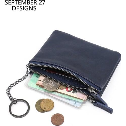 Double Zipper Coin Purses First Layer Leather Credit Card Wallets Women Mini Wallet Men Small Purse Money Change Bag Key Pouch