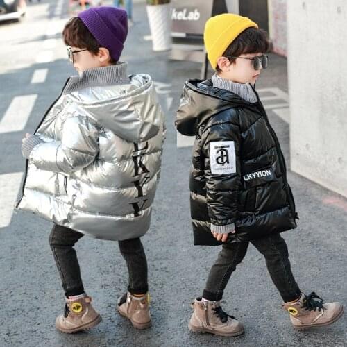 Winter Thicken Warm Boys Down Jackets Glossy Hooded Printed Kids Boys Cotton Coats Casual Zipper Children Outwear 24M-8T