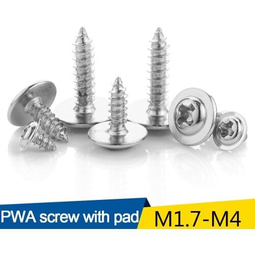 LUHUICHANG 100pcs PWA Cross Round Head with Washer Self Tapping Screw M1.7 M2 M2.3 M2.6 M3 M4 Carbon Steel Phillips Screw