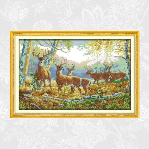Five Deer in Forest Counted Cross Stitch kit Aida 14ct 11ct Printed on Canvas Stitches Embroidery Handmade Needlework Sets