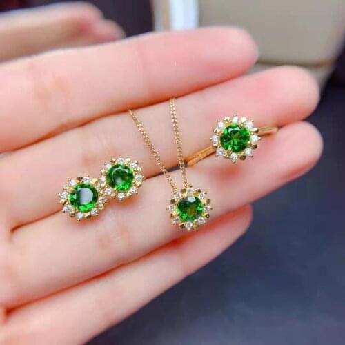 Natural Boutique Diopside S925 Sterling Silver Ring Earring Pendant Necklace Set Fine Fashion Jewelry Partie for Women MeibaPJFS