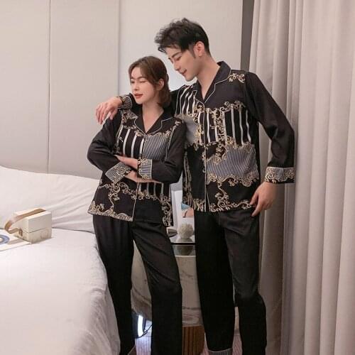 Couple Long Sleeve Pants Print Nightgown Lovers Silk Nightwear Pajama Men Women Sleepwear Homewear