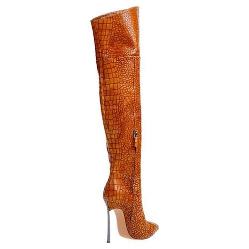 Sexy Brand Croco Pattern Leather Silver-tone Metal Heel Over the Knee Boots Blade Heel Pointed Toe Thigh High Booty Black Brown