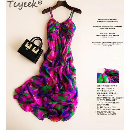 Tcyeek Floral 100% Real Silk Dress Women Strapless Long Dresses Summer Beach Party Elegant Ladies Dresses Vestidos Verano 2020