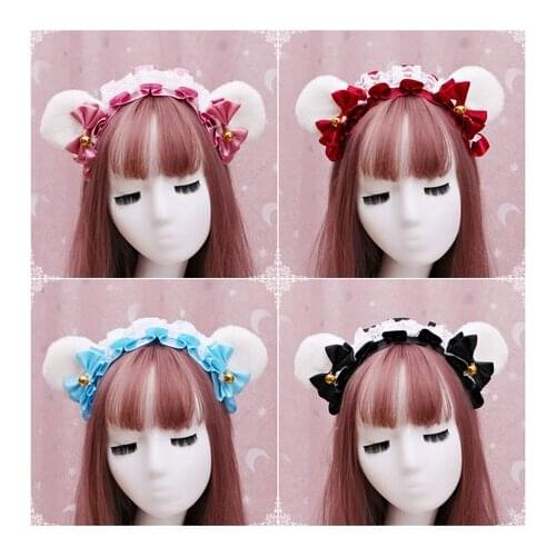 Mori Girl Handwork Cosplay Lovely Maid Plush Bear Ear Lace Bow Ribbon Headband Japanese Cute Multicolour KC Hair Hoop Headdress
