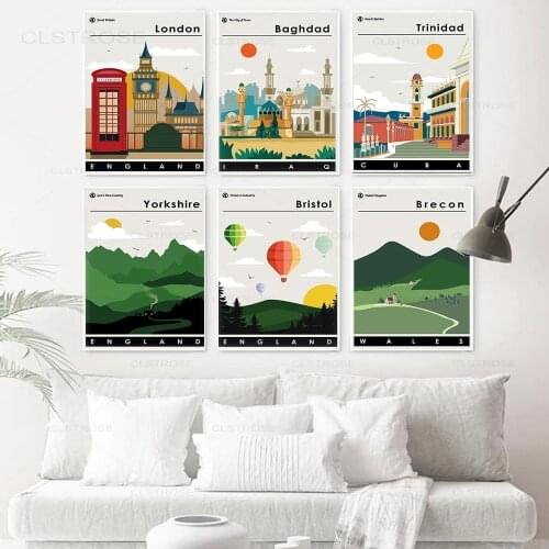 Travel Cities Landscape Hd Print Canvas Painting London Baghdad Brecon Bristol Trinidad Vintage Posters Wall Art Pictures