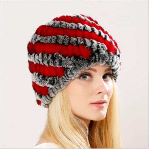 Luxury Autumn Winter Womens Genuine Real Knitted Rex Rabbit Fur Hats Handmade Lady Warm Caps Female Beanies Headgear