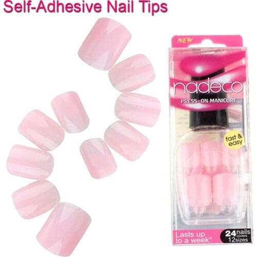 24pcs Full Cover Nude Pink Self-Adhesive False Nail Polish Tips Cherry Red Finger Nail Art Tips Sakura French Manicure RCP-45