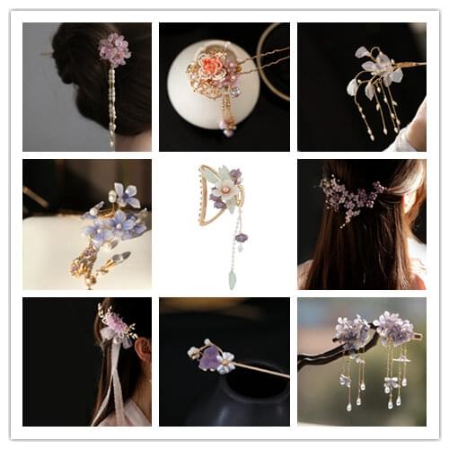 Vintage China the ming dynasty blue tassel ヘアアクセ flower hair accessories hairclip pins sticks spinki do włosów horquillas pelo