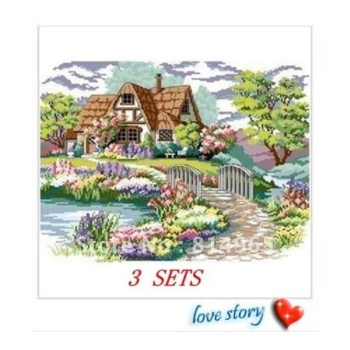 Embroidery 3 Pieces (1 lot=3 pieces) 5-15Business Days Luxurious Classical Flower Plants Tree Cabin Cottage Cross Stitch