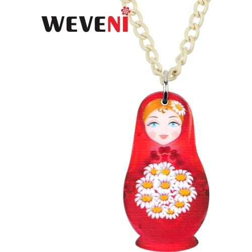 WEVENI Acrylic Flower Red Russian Matryoshka Girl Doll Necklace Pendant Party Jewelry 2019 New Design For Women Girls Teen Gifts