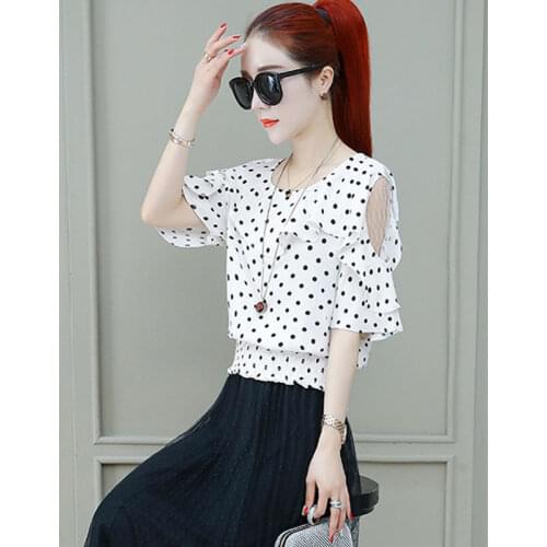 Womens Spring Summer Style Chiffon Blouses Shirt Womens Off Shoulder Polka Dot Half Sleeve Patchwork Elegant Tops SP8724