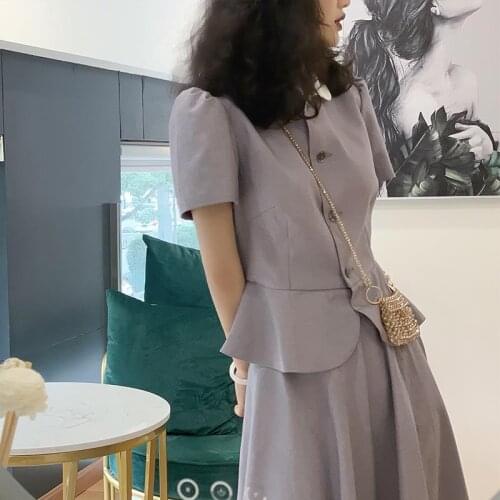 Women Summer Korean Fashion Blouse Suits Vintage Short Sleeve Shirts+Hight Waist Midi Skirts 2 Pieces Sets Office Lady