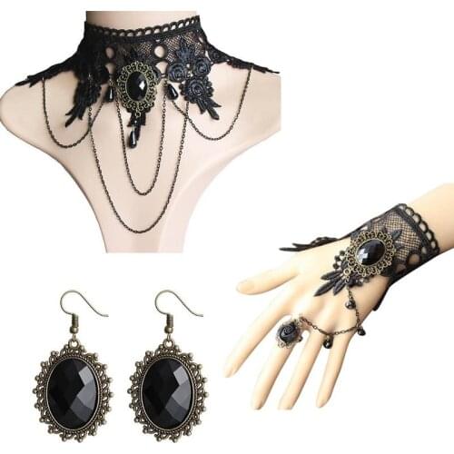 Boho Jewelry Sets Women Vintage Gothic Earrings Sets Halloween Women Jewelry Set Lace Choker Necklace Ring Hand Bracelet Sets