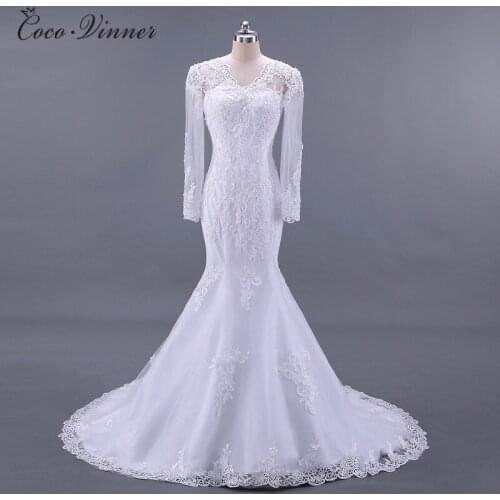 Long Sleeves See Throught Back Elegant Mermaid wedding dresses vestido de noiva Lace Embroidery Bride wedding-dress W0217