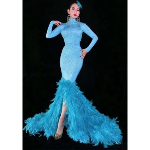 Blue Pearls Long Train Feather Dress Women Singer Dancer Outfit Drag Queen Costume Birthday Evening Celebrate Dresses DT1163