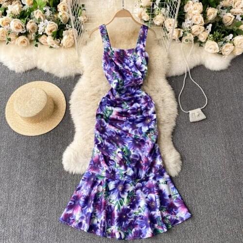 Fashion Runway Summer Dress 2021 Women Purple Flower Printted Vacation Pleated Mermaid Dress Sexy Spaghetti Strap Bodycon Dress