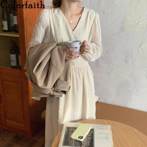 Colorfaith New 2020 Womens Autumn Winter Dresses V-Neck Puff Sleeve Dot Elegant Vintage Chiffon Fashionable Long Dress DR538