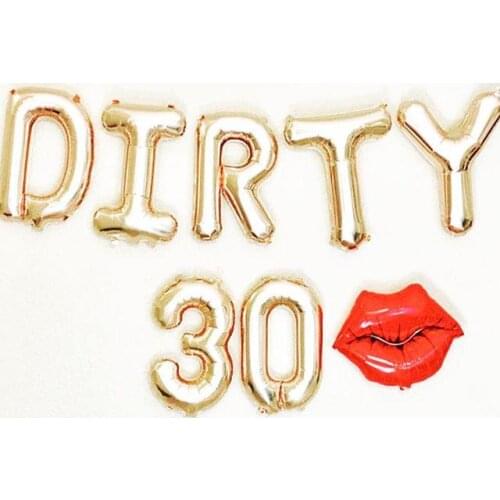 Gold or Silver Thirty and Flirty DIRTY 30 with red lip birthday letter balloons photo backdrops party decorations