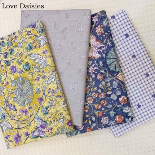 100% Cotton YELLOW NAVY Elegant Purple Orange Flower Butterfly Check Heart Fabric DIY for Apparel Dress Home Decor Craft Cushion