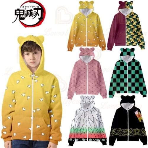 2020 New Japanese Anime Demon Slayers Coaplay 3D Printed Cat Ears Zipper Hoodie for Spring Autumn Kids 100-170 Hoodies