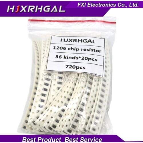 36Value * 20pcs =720pcs 1206 SMD Resistor Kit 1/4W 0.25W 5% 1 ohm~10 Mohm component diy kit new and original