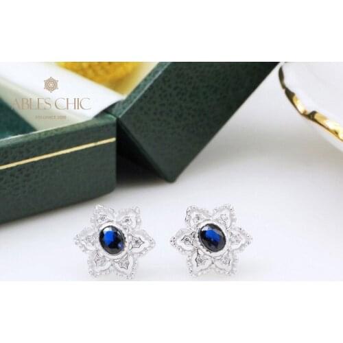 925 Silver Elegant Filigree Flower Sapphire CZ Earrings Gemstone Blossoms Renaissance Ruby Emerald Studs Earring C11E4S25383