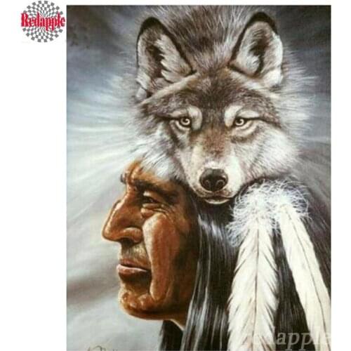 Diy 5d Diamond Painting Indian With wolf Cross Stitch 5d full Diamond Embroidery American feather Home Decoration Diamond Mosaic
