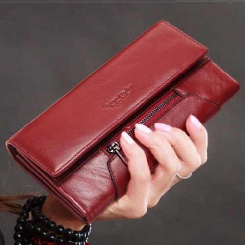Real Cowskin Wallet Long Genuine Leather Womens Clutch Purse RFID Block Female Wallets Cards Case Lady Coin Pocket Luxury Brand