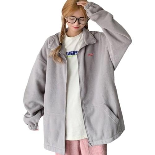 Polar Fleece Autumn Winter Hoodies Sweatshirt Women Korean Loose Bf Lazy Style Thicken Zipper Long Sleeves Versatile Coat Gray