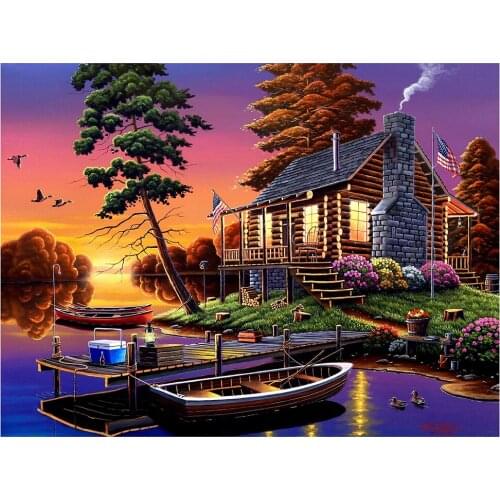 HJMGL 5D Diy Diamond Painting Riverside Cottage Rhinestone Embroidery Cross Stitch Kits Mosaic Wall Art Home Decoration Gifts