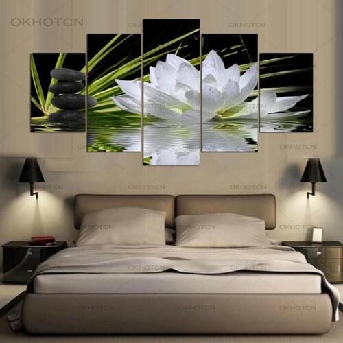 Oil Painting Living Room Wall Decoration Print Art HD Canvas 5 Pieces Of White Lotus Water Decorative Painting Modular Frameless