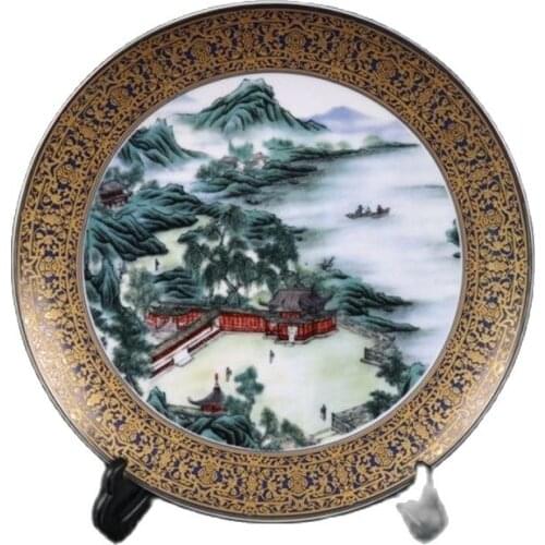 Chinese Old Porcelain Gilt Edged Plate With Pastel Landscape Pattern