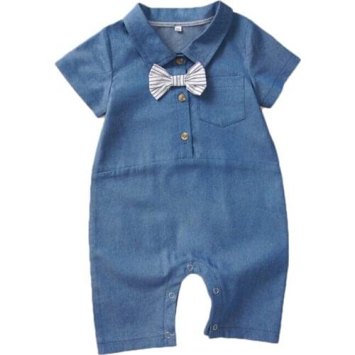 0-24M Infant Baby Girl Boy Romper Clothes Cotton Short Sleeve Bow Denim Blue Jumpsuit Outfits
