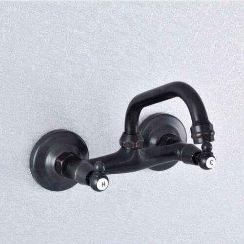Black Oil Rubbed Brass Swivel Kitchen Sink Faucet Wall Mounted Bathroom Basin Mixer Dual Cross Handle Tap Lsf734