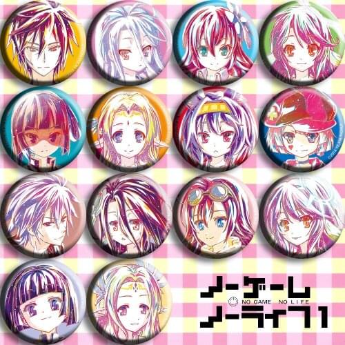 58mm No Game No Life Anime Badge Sora Shiro Stephanie Dola Jibril Kurami Zell Fiel Nirvalen Izuna Tet Metal Badge Brooch Pins