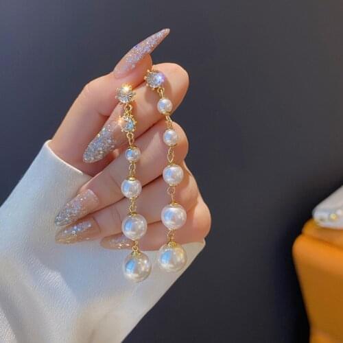Trendy Simulation Pearl Long Earrings Female Acrylic Rhinestone Wedding Pendant Earrings Fashion Korean Jewelry Earrings
