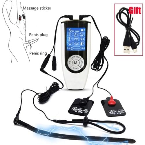 Strongest BDSM Dual-Output Electric Shock Host,Electro Stimulation Penis Plug Cock Ring Penis Extender Massage Pad Male Sex Tool