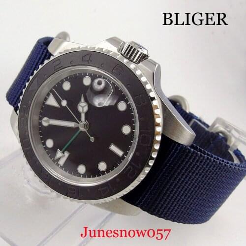 Mens Watch Self Winding Movement Sapphire Glass Auto Date 40mm Silver Color Case Nylon Strap