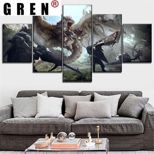 GREN 5pcs Posters Monster Hunter World Game Poster Wall Art Decor Picture Canvas Paintings Printed For Living Room Home Decor