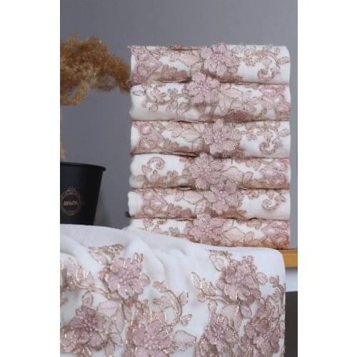 6 Piece French Pink Laced Velvet Dowry Towel 50x90 Cm -6 قطع من مناشف المهر الفرنسية الوردي المخملية 50x90 سم -6