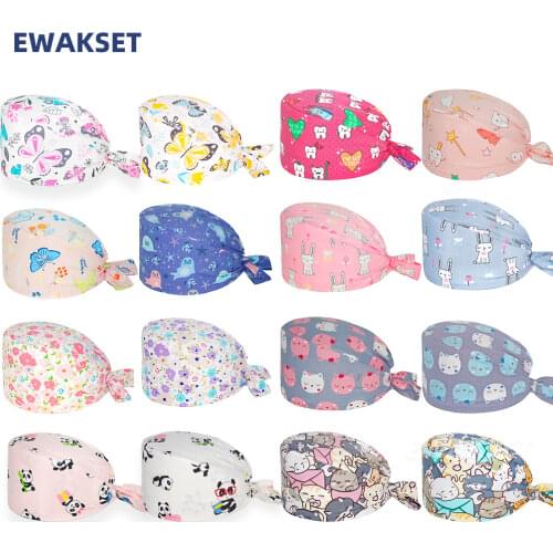 Unisex Scrubs Cap Cotton Adjustable Working Nursing Hat With Protect Hair Anime Print Bouffant Head Scarf Women Surgicals Caps