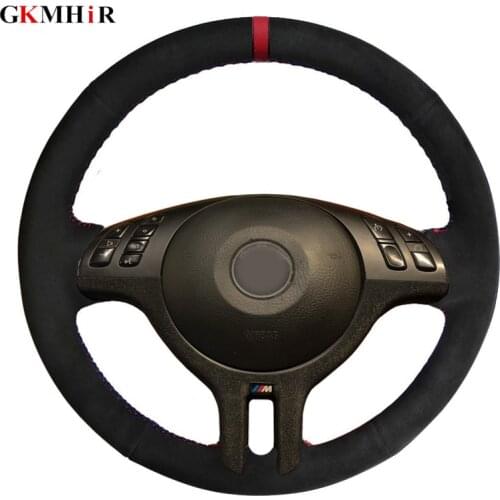 DIY Hand-Stitched Black Suede Red Marker Car Steering Wheel Covers For BMW E46 E39 325i E53 X5 X3