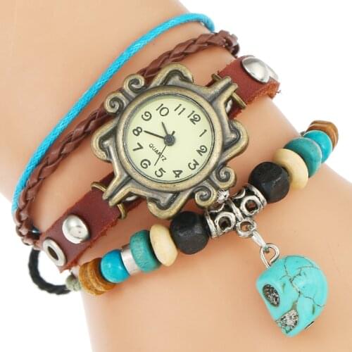 Top Genuine Leather Bracelet Women Watch Ethnic Style Turquoise Skull Charm Wooden Beads Vintage Fashion Quartz Wristwatch