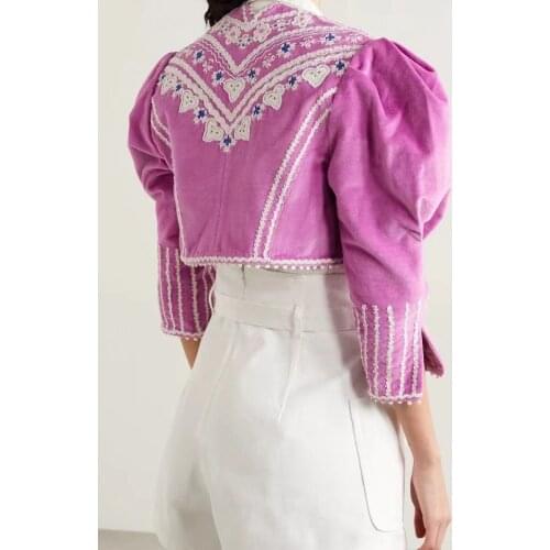2022 Woman fuschia Velvet Short Jacket Floral Embroidered Beaded appliques Puff Shoulder Long Sleeves Cropped Top Fashion Boho