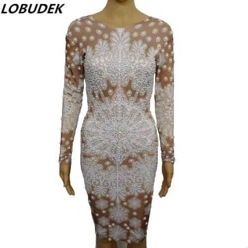 3D Snowflake Pattern Pearl Skinny Dress Women Spring Long Sleeve Beads Tight Fitting Dress Singer Host Performance Stage Costume