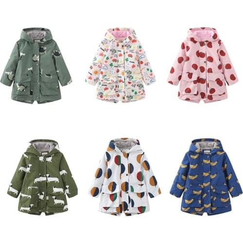 2021 Winter Boy Girl Coats Hooded Baby Children Cartoon Printed Long Jacket Fleece Outdoor Warm Windproof Rain Kids Top Clothes