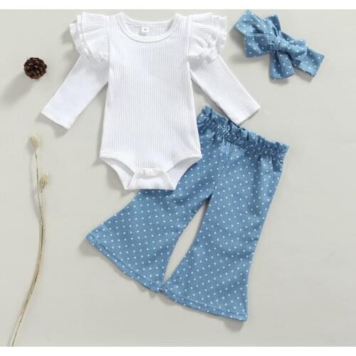 3 Pcs Infant Girls Outfits Ribbed Fly Long Sleeves Romper Dot Print Flared Trousers Headband Baby Clothing